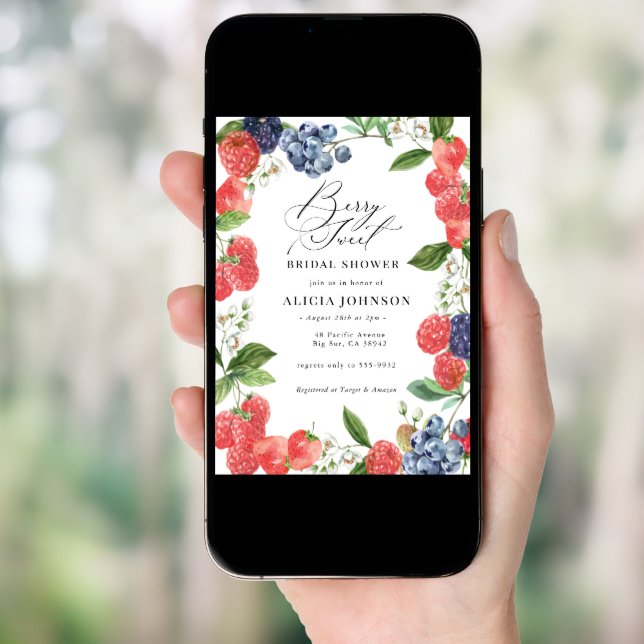 Berry Sweet Strawberry Red Blue Bridal Shower Invitation (Front Digital)