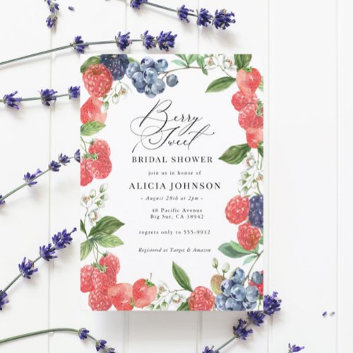 Berry Sweet Strawberry Red Blue Bridal Shower Invitation