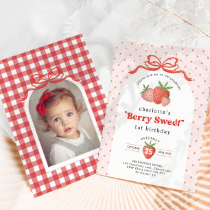 Berry Sweet Strawberry Red Bow Birthday Photo Invitation