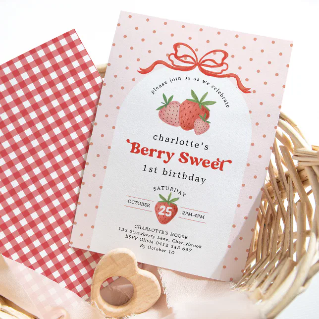 Berry Sweet Strawberry Red Bow First 1st Birthday Invitation | Zazzle