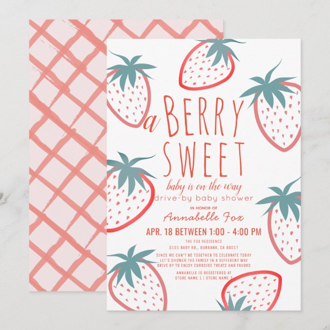 Berry Sweet Strawberry Red Drive-by Baby Shower Invitation (Front/Back)