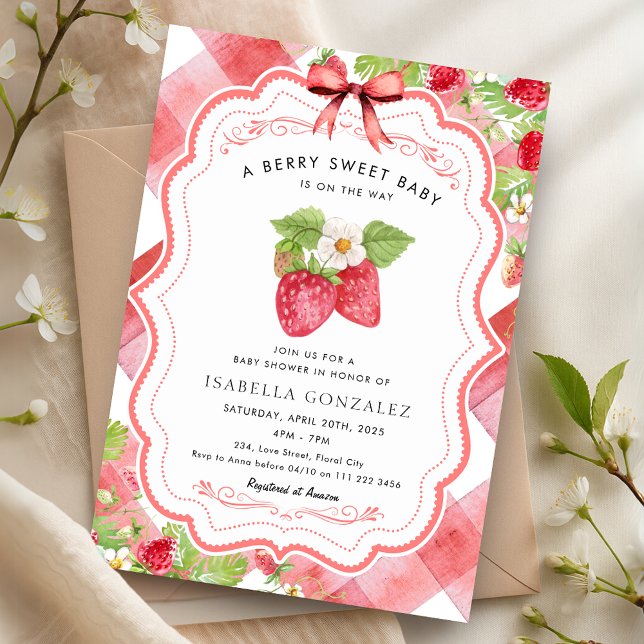 Berry Sweet Strawberry Red Gingham Baby Shower Invitation (Berry Sweet Strawberry Red Gingham Baby Shower Invitation)