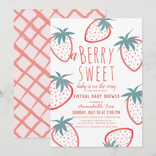 Berry Sweet Strawberry Red Virtual Baby Shower Invitation (Front/Back)