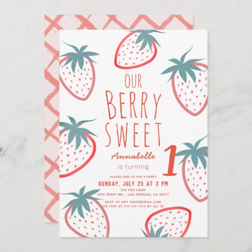 Berry Sweet Strawberry Red White 1st Birthday Invitation