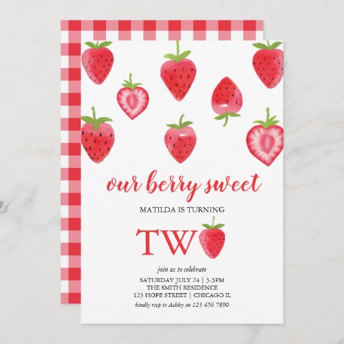 Berry Sweet Strawberry Second Birthday Invitation