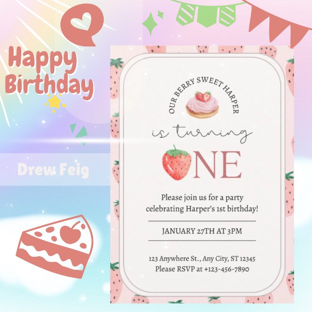 Berry Sweet Strawberry Theme 1st Birthday Invitati Invitation (Creator Uploaded)