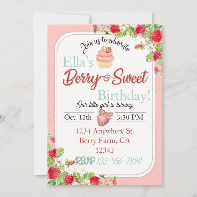 Berry Sweet, Strawberry Theme Birthday Invitation (Front)