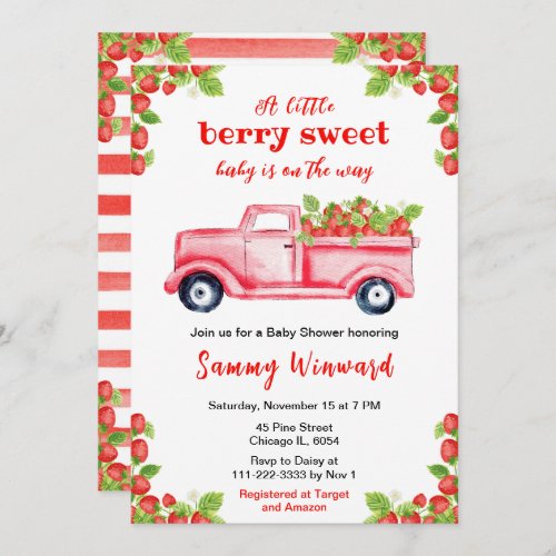 Berry Sweet Strawberry Truck Baby Shower Invitation