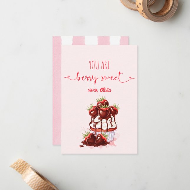 Berry Sweet Stripes Cupcake Whimsy Valentines Day Note Card (Front/Back In Situ)