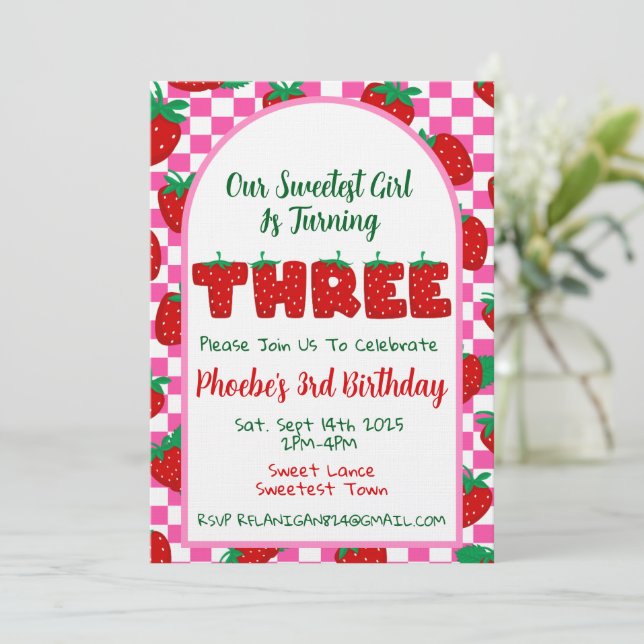 Berry Sweet Third Birthday Party Invitation (Standing Front)