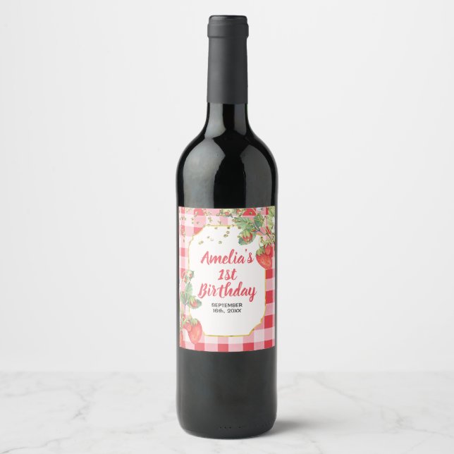 Berry Sweet Watercolor Strawberry 1st Birthday Wine Label (Front)