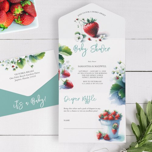 Berry Sweet Watercolor Strawberry Baby Shower All In One Invitation
