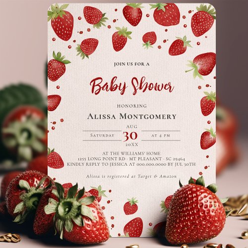 Berry Sweet Watercolor Strawberry Baby Shower Invitation