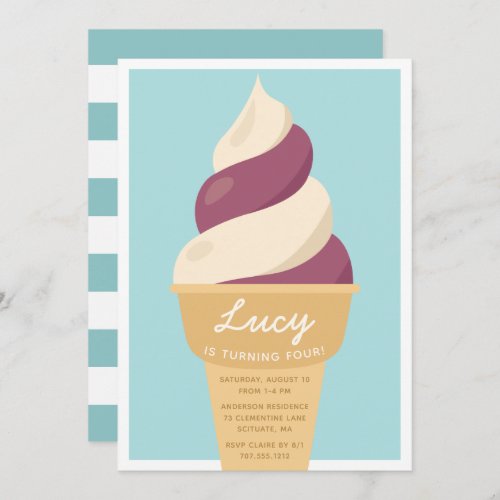 Berry Swirl Ice Cream Cone Kids Birthday Party Invitation