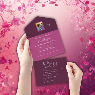 berry tone romantic couple photo monogram all in one invitation