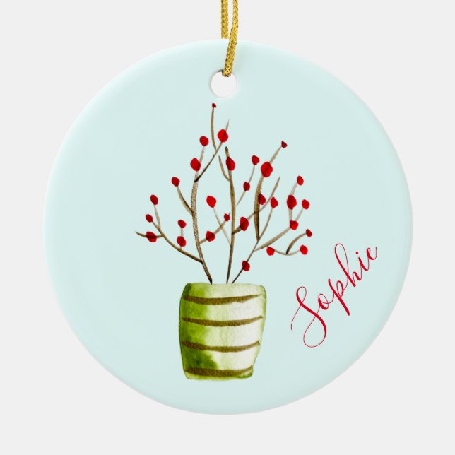 Berry tree watercolor Christmas name Ceramic Ornament (Front)