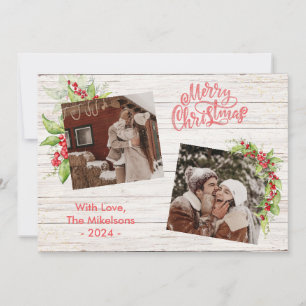 Berry Twig Blue Wood Photo Collage Merry Christmas Holiday Card