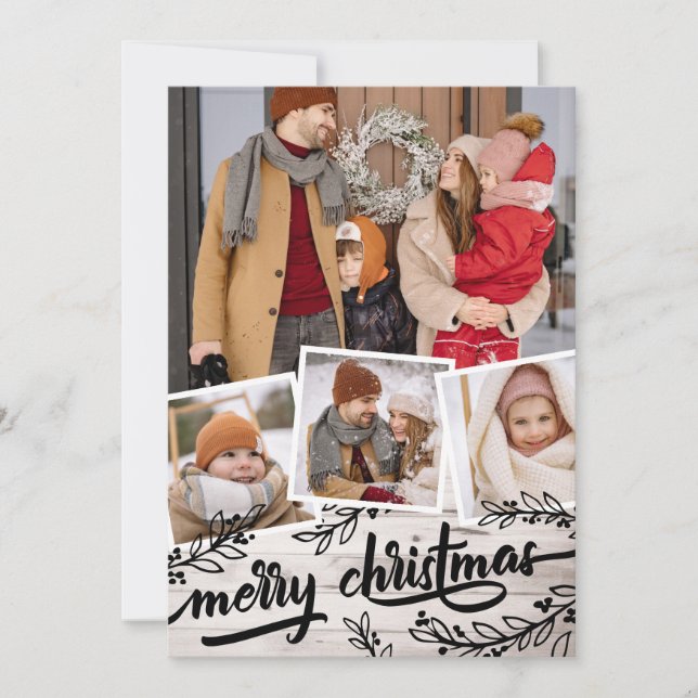 Berry Twig Pale Wood Photo Collage Merry Christmas Holiday Card (Front)