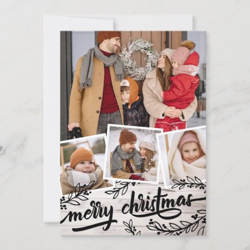 Berry Twig Pale Wood Photo Collage Merry Christmas Holiday Card