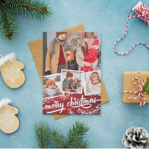 Berry Twig Red Wood Photo Collage Merry Christmas Holiday Card