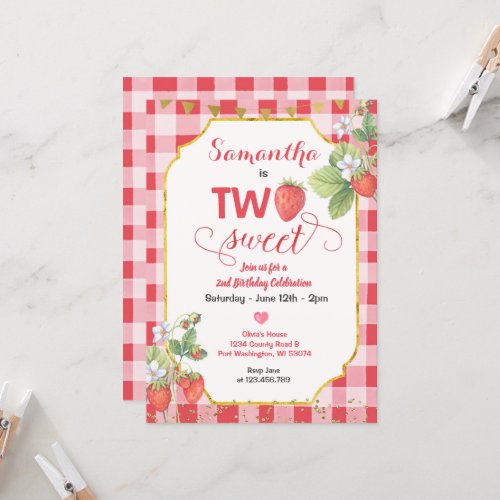 Berry Two Sweet Strawberry Birthday Party Invitation
