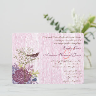 Berry Vintage Bird Leaf WoodGrain Wedding Invite