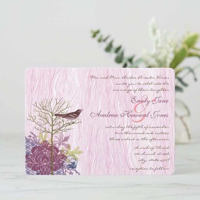 Berry Vintage Bird Leaf WoodGrain Wedding Invite (Standing Front)