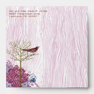 Berry Vintage Wood Grain Tree Bird Damask Envelope