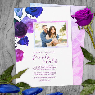 Berry Violet, Royal Blue, Pink Roses Wedding Invitation