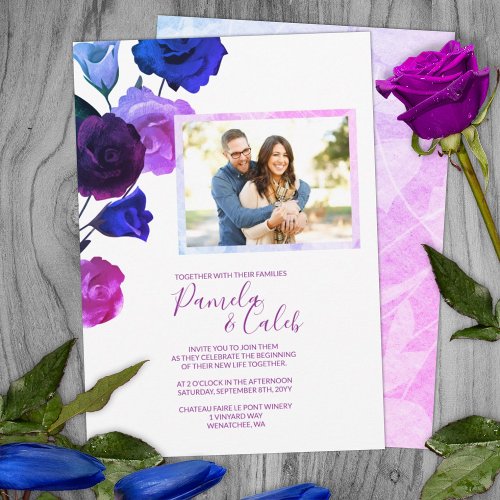 Berry Violet Royal Blue Pink Roses Wedding Invitation