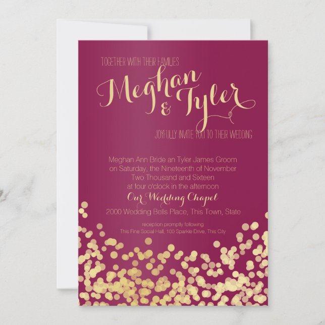 Berry Wine and Gold Sparkle Wedding Invitation (Front)