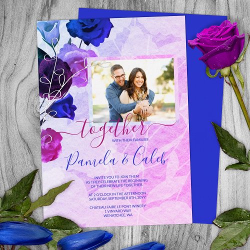 Berry Wine Bright Royal Blue Rose Garden Wedding Foil Invitation