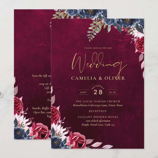 Berry Wine Floral Wedding  Invitation (Front/Back)