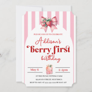 Berry with Bow  1st Birthday with  Photo  Invitation
