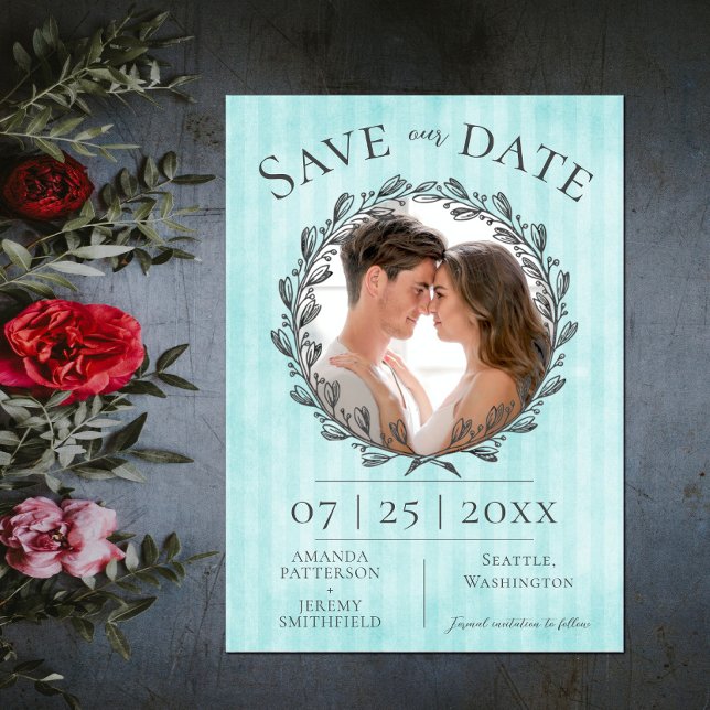 Berry Wreath and Stripes Photo | Teal Save The Date (Berry Wreath and Stripes Photo Save the Date - Teal)