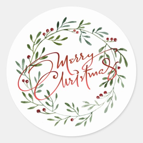 Berry Wreath Gradient Red Script Merry Christmas Classic Round Sticker