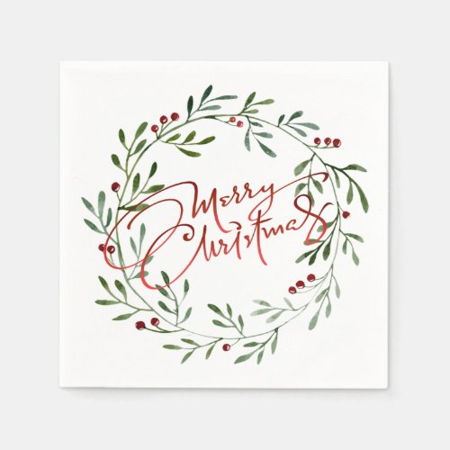 Berry Wreath Gradient Red Script Merry Christmas Napkins