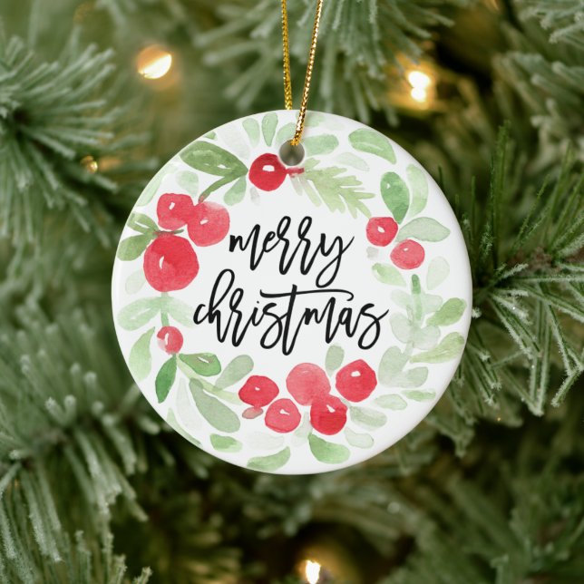 Berry Wreath Merry Christmas Watercolor Ceramic Ornament (Tree)