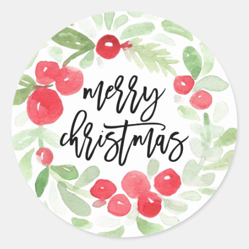 Berry Wreath Merry Christmas Watercolor Classic Round Sticker