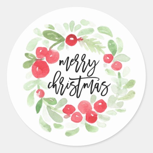 Berry Wreath Merry Christmas Watercolor Script Classic Round Sticker