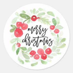 Berry Wreath Merry Christmas Watercolor Script Classic Round Sticker