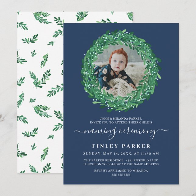 Berry Wreath Navy Blue Naming Ceremony Photo Invitation (Front/Back)