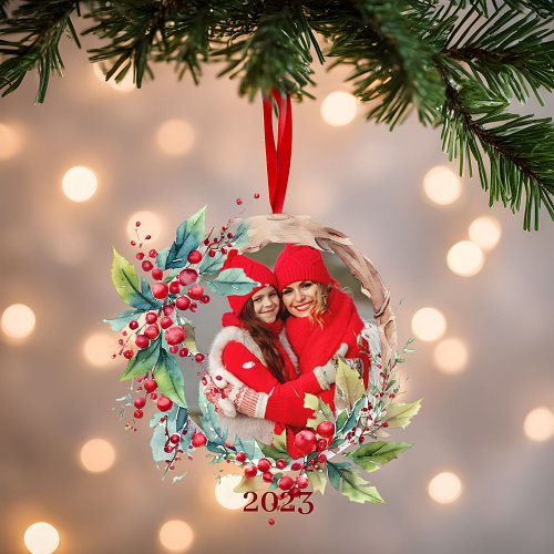 Berry wreath photo and year custom cutout ornament