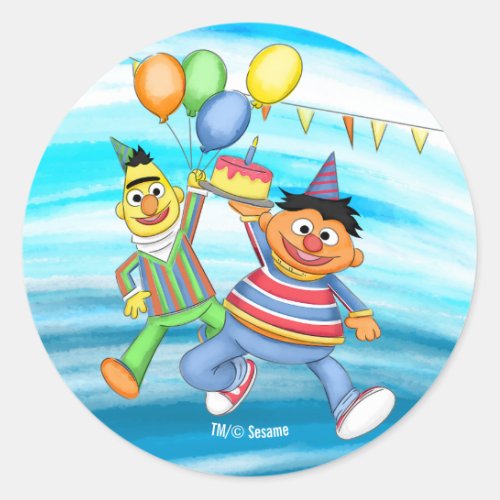 Bert and Ernie Birthday Balloons Classic Round Sticker