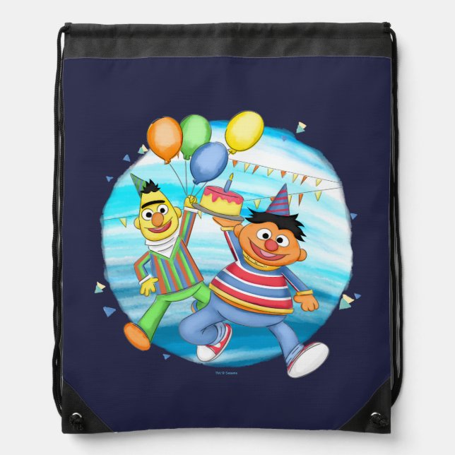 Bert and Ernie Birthday Balloons Drawstring Bag (Front)