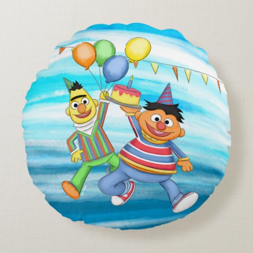 Bert and Ernie Birthday Balloons Round Pillow