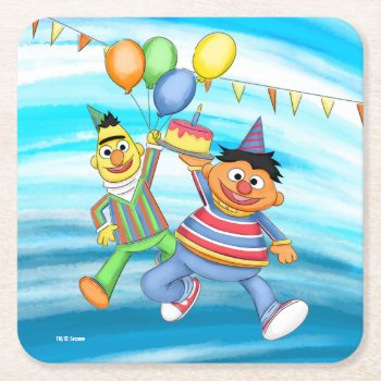 Bert And Ernie Birthday Balloons Square Paper Coaster by SesameDesignContest at Zazzle
