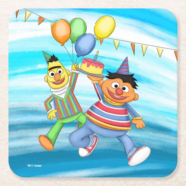 Bert and Ernie Birthday Balloons Square Paper Coaster (Front)