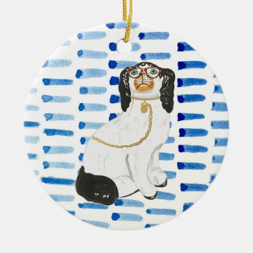 BESPECTACLED ON BLUE Staffordshire dog ornament