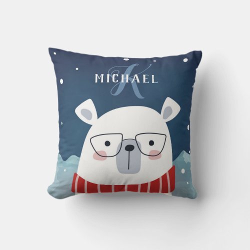 Bespectacled Polar Bear  Monogram Throw Pillow